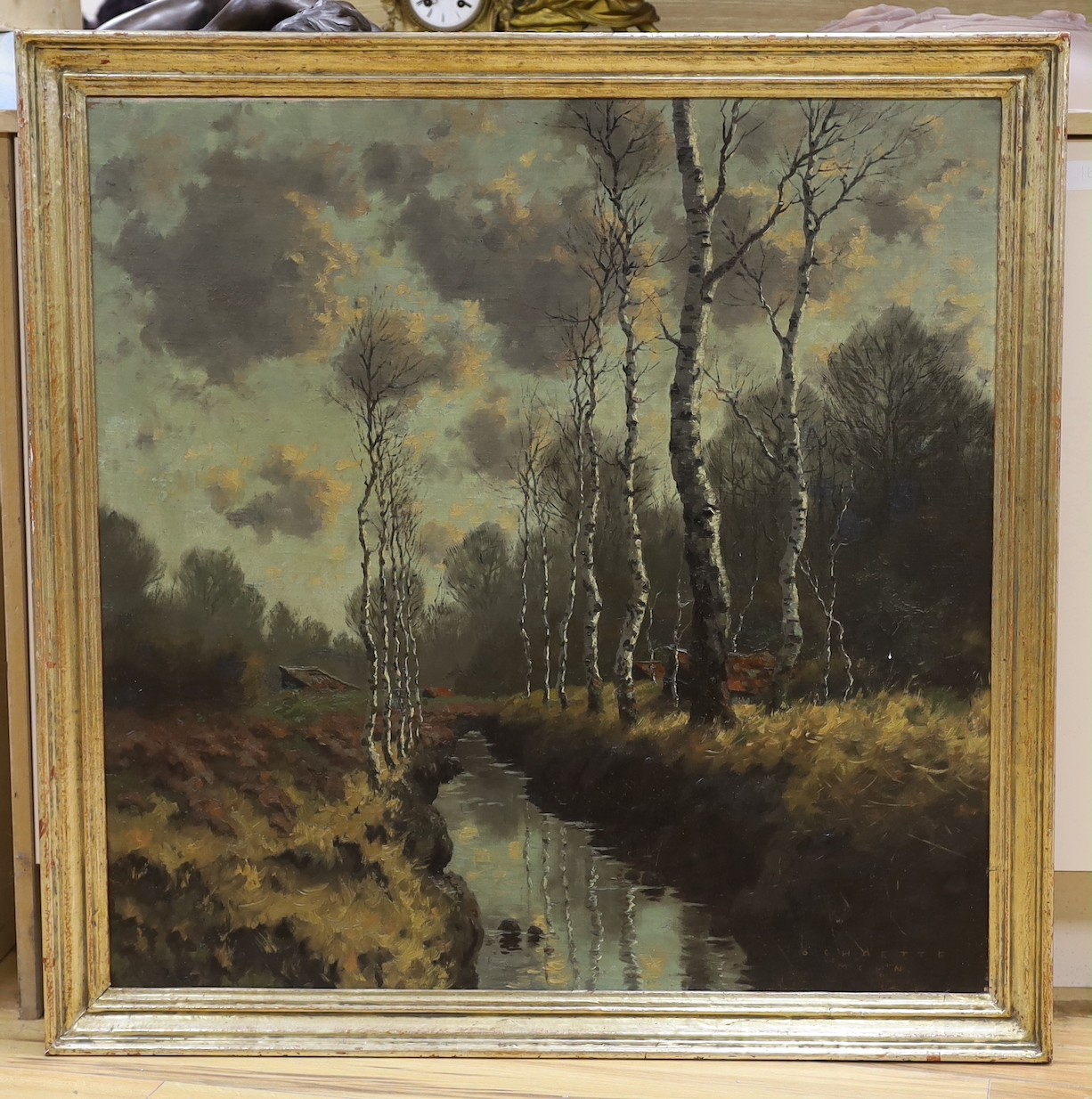 Karl Schaette (1884-1951), oil on board, Birch trees in a winter landscape, signed, 78 x 78cm